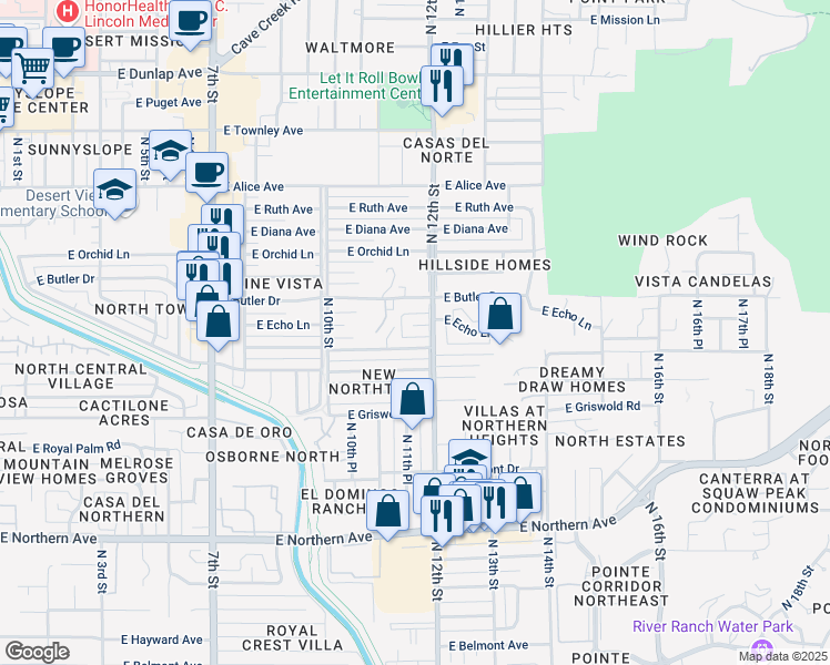 map of restaurants, bars, coffee shops, grocery stores, and more near 1133 East Echo Lane in Phoenix