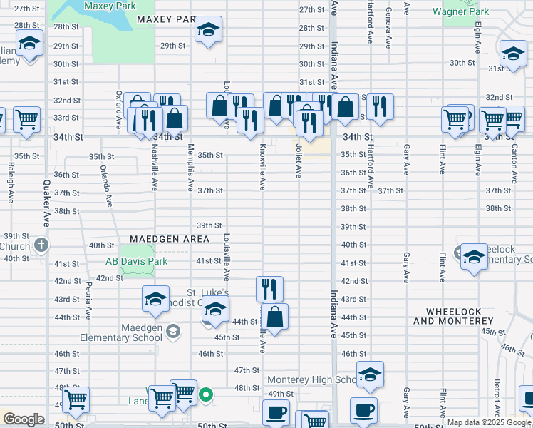 map of restaurants, bars, coffee shops, grocery stores, and more near 3519 38th Street in Lubbock
