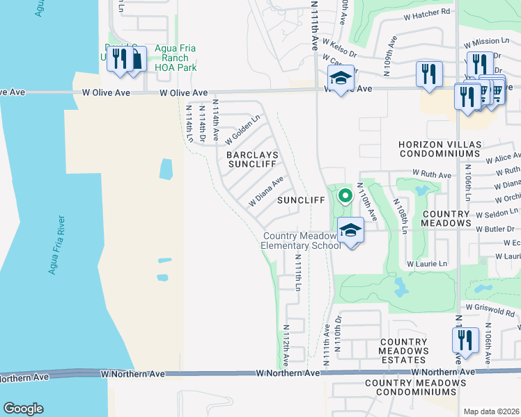 map of restaurants, bars, coffee shops, grocery stores, and more near 11334 West Orchid Lane in Peoria