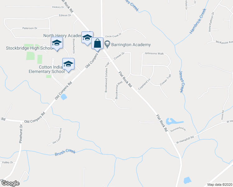 map of restaurants, bars, coffee shops, grocery stores, and more near 255 Brookwood Way in Stockbridge