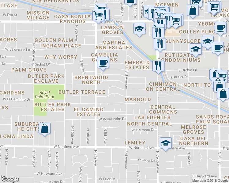 map of restaurants, bars, coffee shops, grocery stores, and more near 338 West El Caminito Drive in Phoenix
