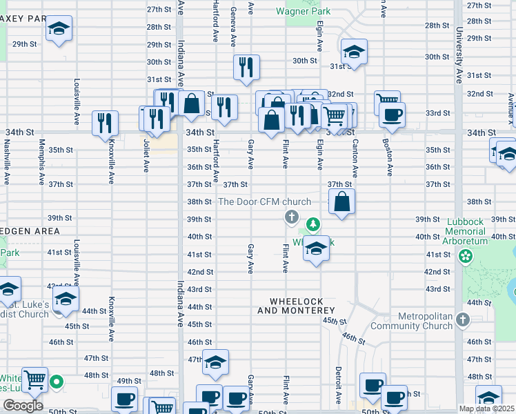map of restaurants, bars, coffee shops, grocery stores, and more near 3117 38th St in Lubbock