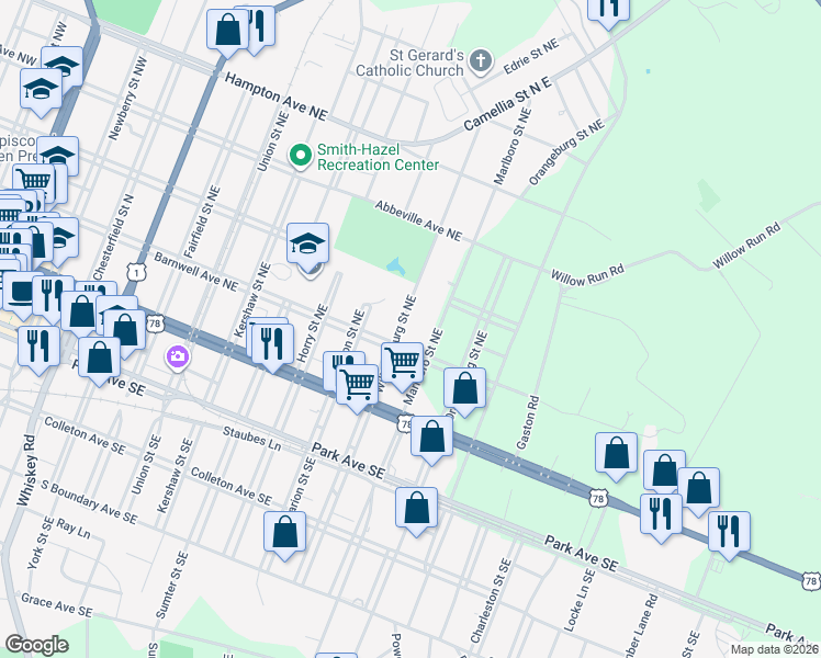 map of restaurants, bars, coffee shops, grocery stores, and more near 226 Williamsburg Street Northeast in Aiken