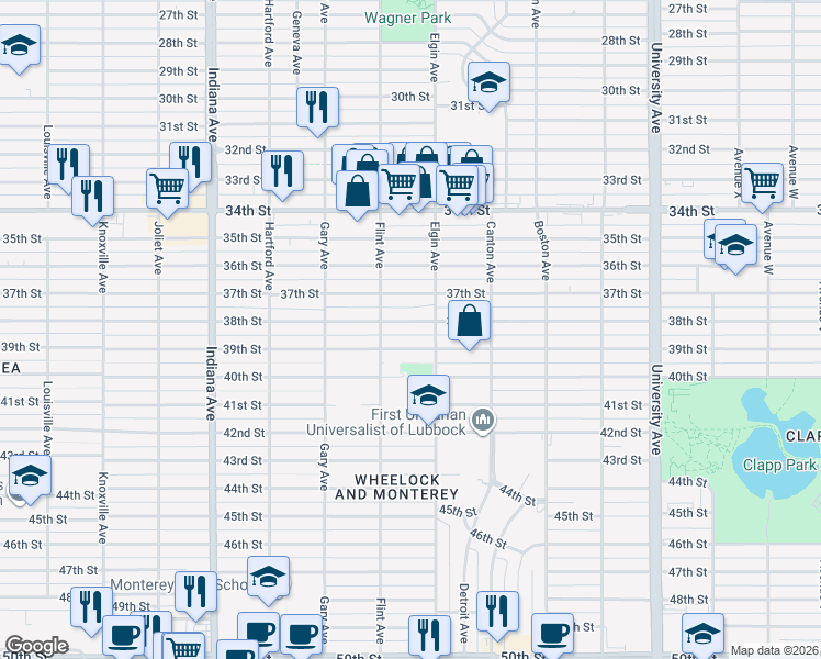 map of restaurants, bars, coffee shops, grocery stores, and more near 3009 38th Street in Lubbock