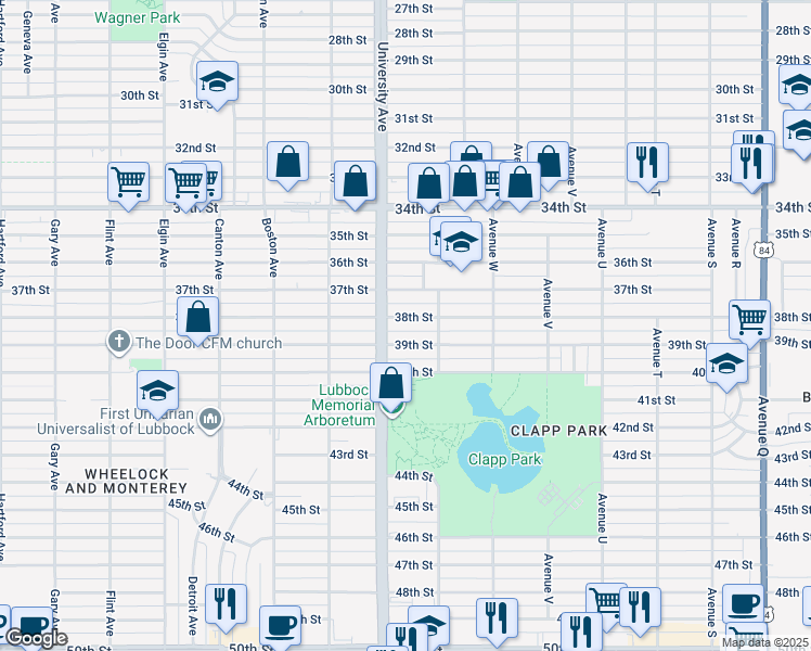 map of restaurants, bars, coffee shops, grocery stores, and more near 2413 38th St in Lubbock