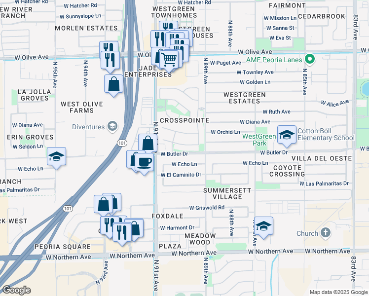 map of restaurants, bars, coffee shops, grocery stores, and more near 8963 Seldon Lane in Peoria