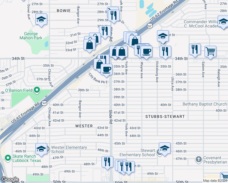map of restaurants, bars, coffee shops, grocery stores, and more near 5121 38th Street in Lubbock