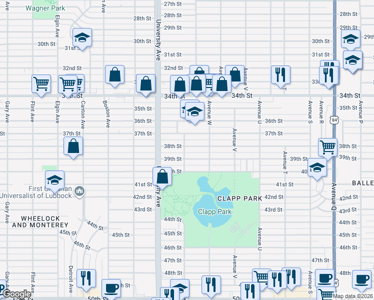 map of restaurants, bars, coffee shops, grocery stores, and more near 2325 38th Street in Lubbock