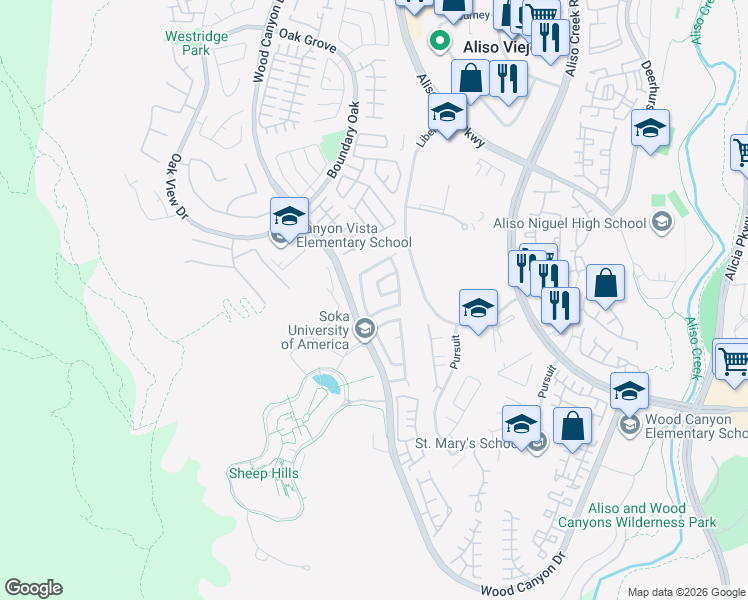 map of restaurants, bars, coffee shops, grocery stores, and more near 24 Deerborn Drive in Aliso Viejo