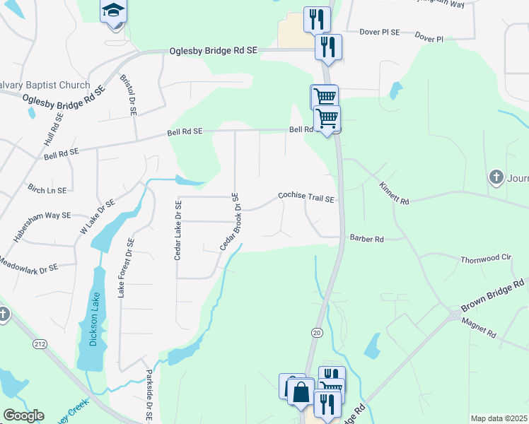 map of restaurants, bars, coffee shops, grocery stores, and more near 841 Cochise Trail Southeast in Conyers