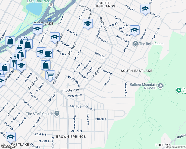 map of restaurants, bars, coffee shops, grocery stores, and more near 7824 Rugby Avenue in Birmingham