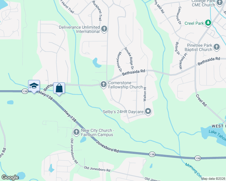 map of restaurants, bars, coffee shops, grocery stores, and more near 7230 Connell Road in Fairburn