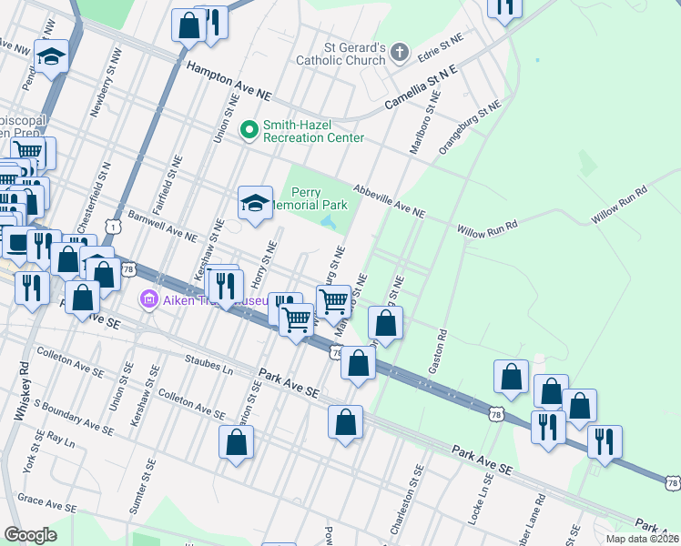 map of restaurants, bars, coffee shops, grocery stores, and more near 226 Williamsburg Street Northeast in Aiken