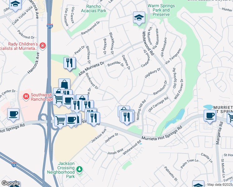 map of restaurants, bars, coffee shops, grocery stores, and more near 25751 Palermo Court in Murrieta