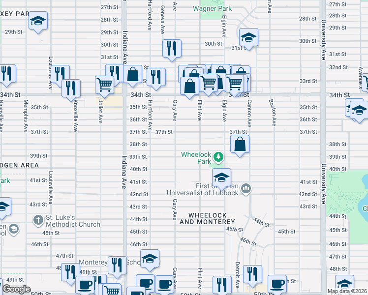 map of restaurants, bars, coffee shops, grocery stores, and more near 3117 38th Street in Lubbock