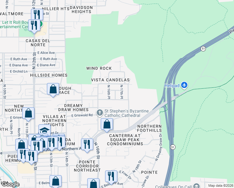 map of restaurants, bars, coffee shops, grocery stores, and more near 8415 North 17th Street in Phoenix