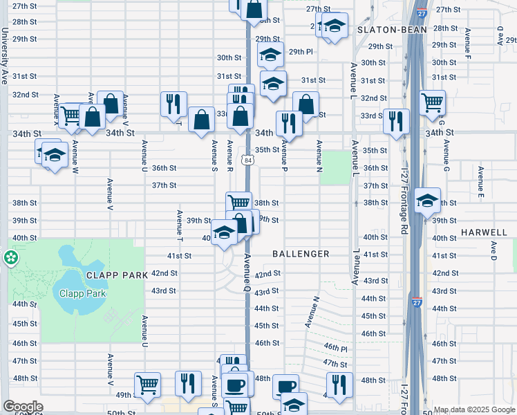 map of restaurants, bars, coffee shops, grocery stores, and more near 1613 38th Street in Lubbock