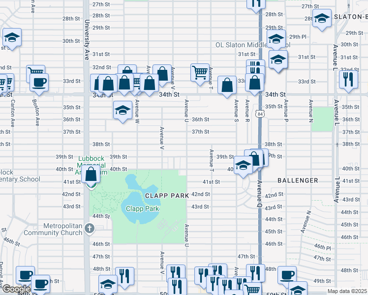 map of restaurants, bars, coffee shops, grocery stores, and more near 2101 38th Street in Lubbock