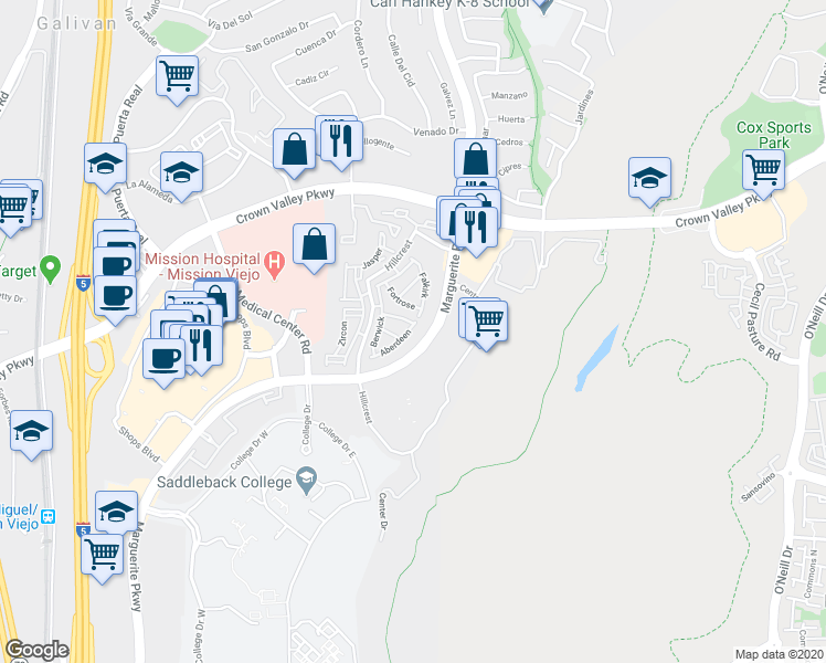 map of restaurants, bars, coffee shops, grocery stores, and more near 27796 Aberdeen in Mission Viejo