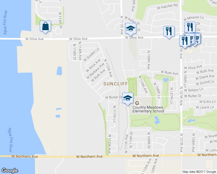 map of restaurants, bars, coffee shops, grocery stores, and more near 11234 North 112th Drive in Peoria
