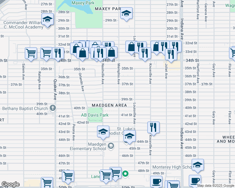 map of restaurants, bars, coffee shops, grocery stores, and more near 3801 38th Street in Lubbock