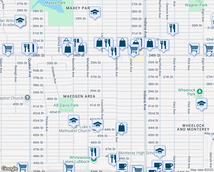 map of restaurants, bars, coffee shops, grocery stores, and more near 3611 38th St in Lubbock