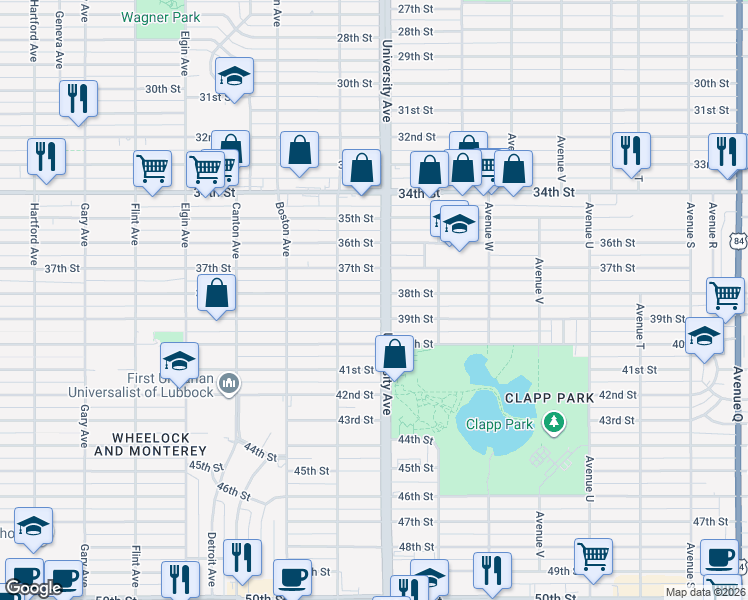 map of restaurants, bars, coffee shops, grocery stores, and more near 2505 38th Street in Lubbock
