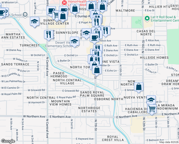 map of restaurants, bars, coffee shops, grocery stores, and more near 8327 North 6th Street in Phoenix