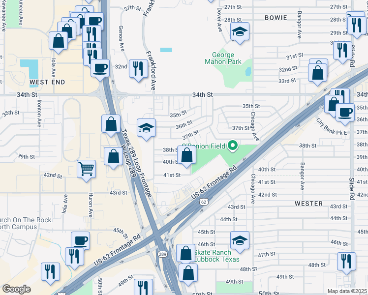 map of restaurants, bars, coffee shops, grocery stores, and more near 5708 38th Street in Lubbock