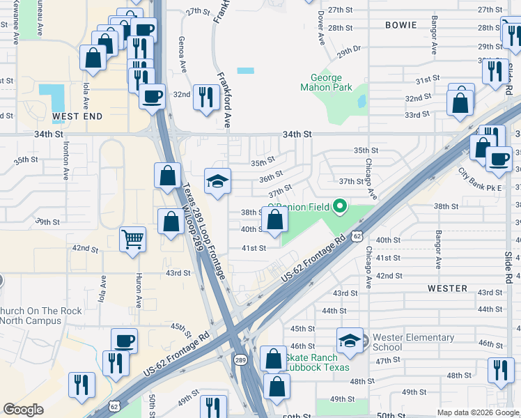 map of restaurants, bars, coffee shops, grocery stores, and more near 5708 38th Street in Lubbock