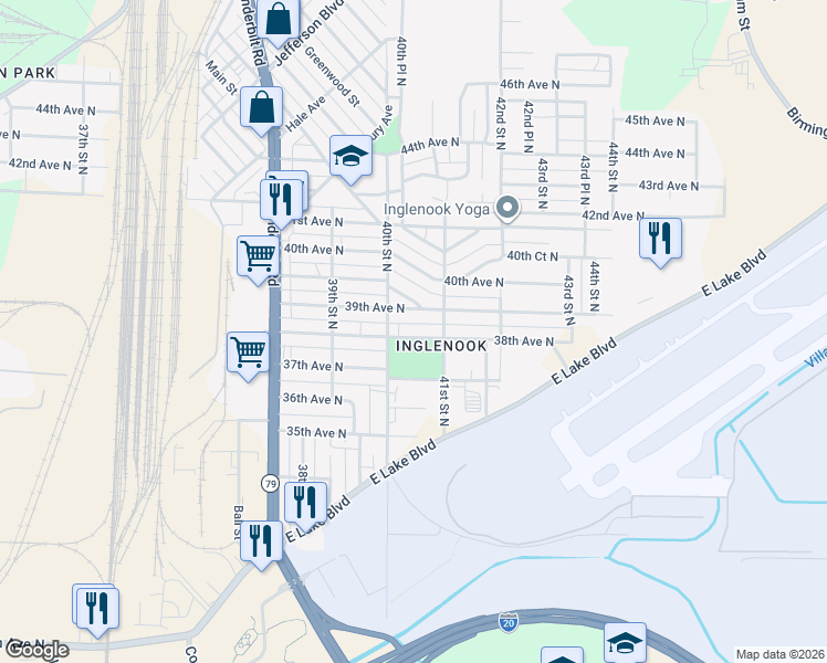 map of restaurants, bars, coffee shops, grocery stores, and more near 4020 38th Avenue North in Birmingham