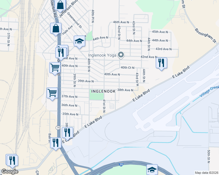 map of restaurants, bars, coffee shops, grocery stores, and more near 4104 38th Avenue North in Birmingham