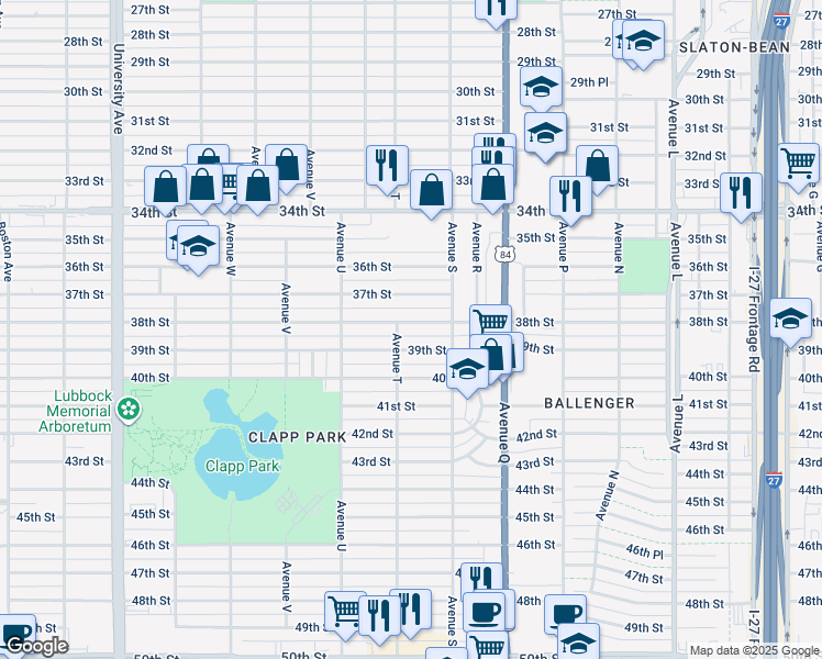 map of restaurants, bars, coffee shops, grocery stores, and more near 1915 38th Street in Lubbock