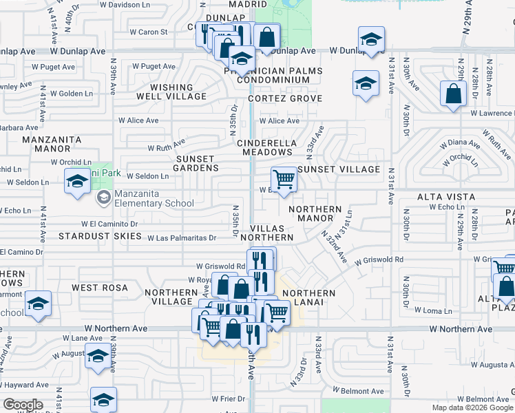 map of restaurants, bars, coffee shops, grocery stores, and more near 8428 North 34th Drive in Phoenix