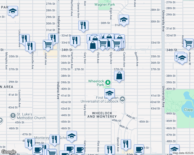 map of restaurants, bars, coffee shops, grocery stores, and more near 3101 38th Street in Lubbock