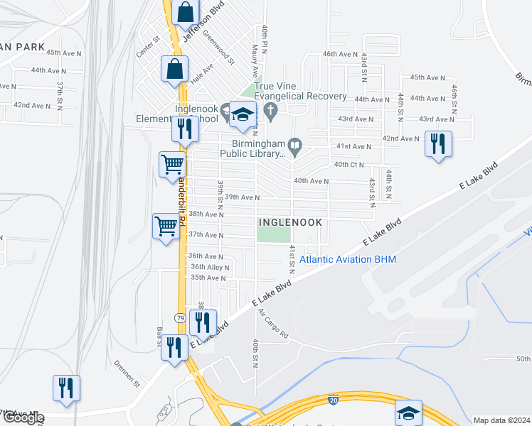 map of restaurants, bars, coffee shops, grocery stores, and more near 4012 38th Avenue North in Birmingham