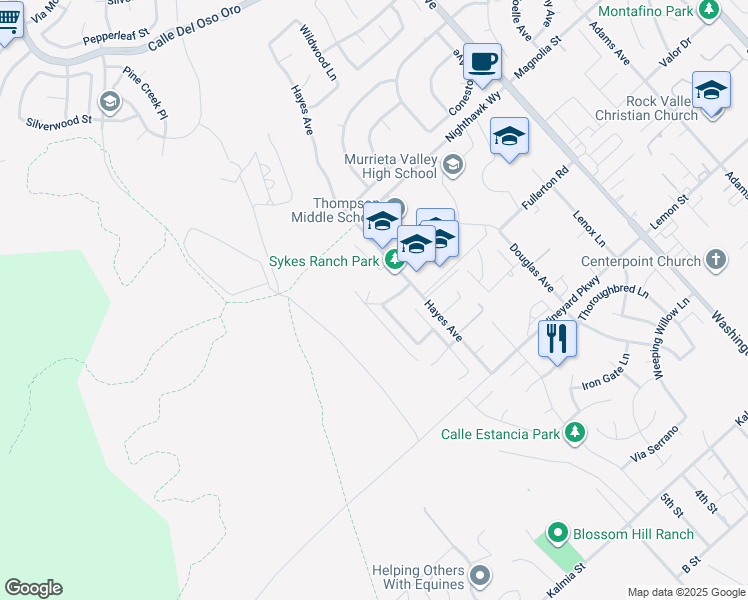 map of restaurants, bars, coffee shops, grocery stores, and more near 42587 Sherry Lane in Murrieta