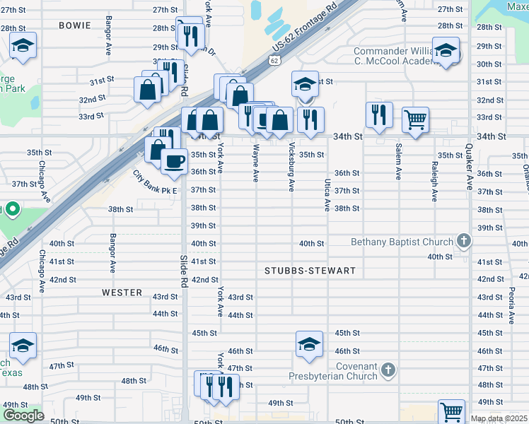 map of restaurants, bars, coffee shops, grocery stores, and more near 4919 38th Street in Lubbock