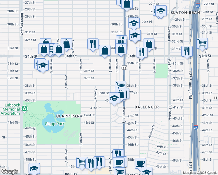 map of restaurants, bars, coffee shops, grocery stores, and more near 1901 38th Street in Lubbock