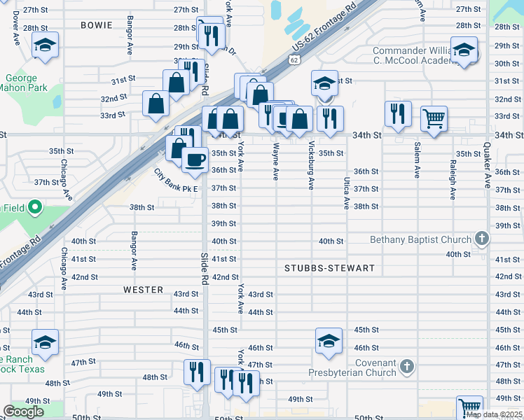 map of restaurants, bars, coffee shops, grocery stores, and more near 5009 38th Street in Lubbock