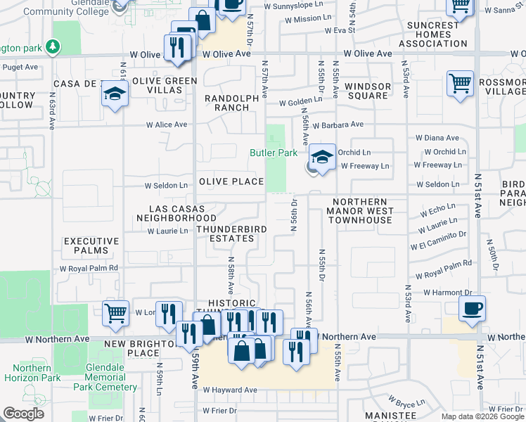 map of restaurants, bars, coffee shops, grocery stores, and more near 8413 North 57th Drive in Glendale