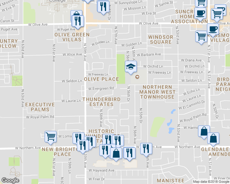 map of restaurants, bars, coffee shops, grocery stores, and more near 8413 North 57th Drive in Glendale