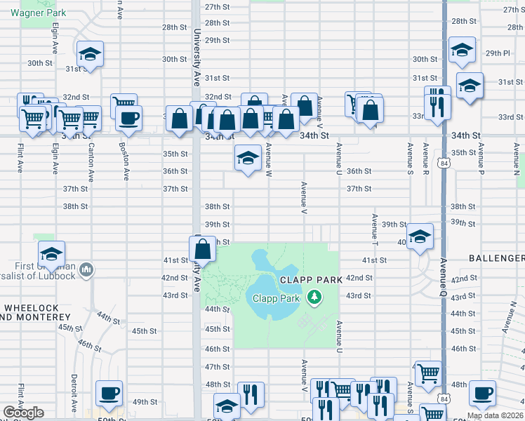 map of restaurants, bars, coffee shops, grocery stores, and more near 2303 38th Street in Lubbock