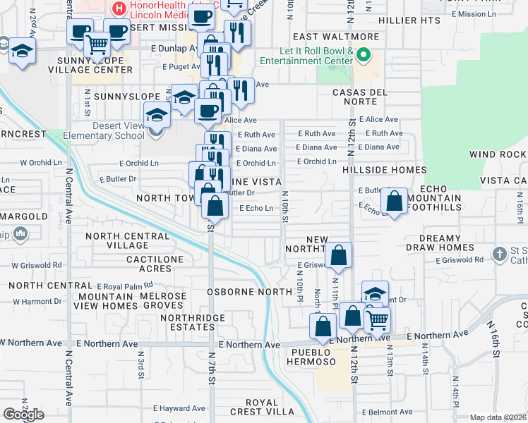map of restaurants, bars, coffee shops, grocery stores, and more near 843 East Echo Lane in Phoenix