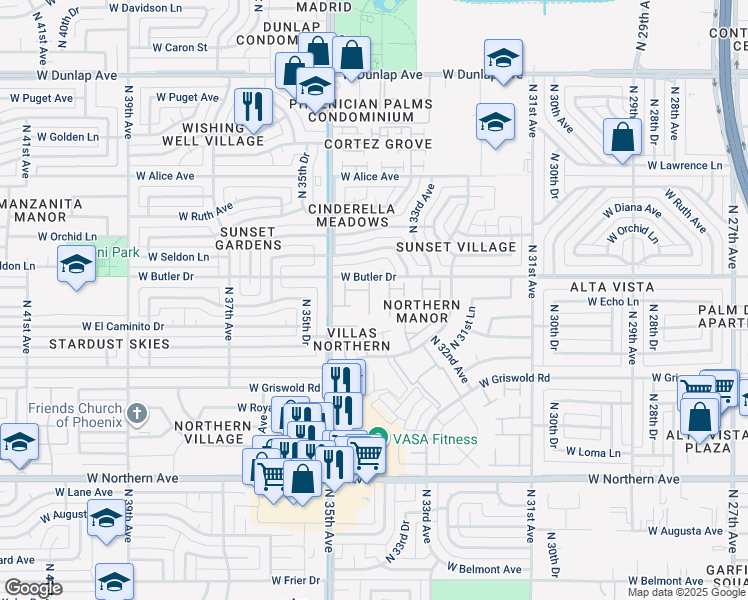 map of restaurants, bars, coffee shops, grocery stores, and more near 8425 North 34th Avenue in Phoenix