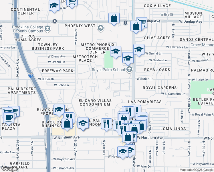 map of restaurants, bars, coffee shops, grocery stores, and more near 2045 West Butler Drive in Phoenix