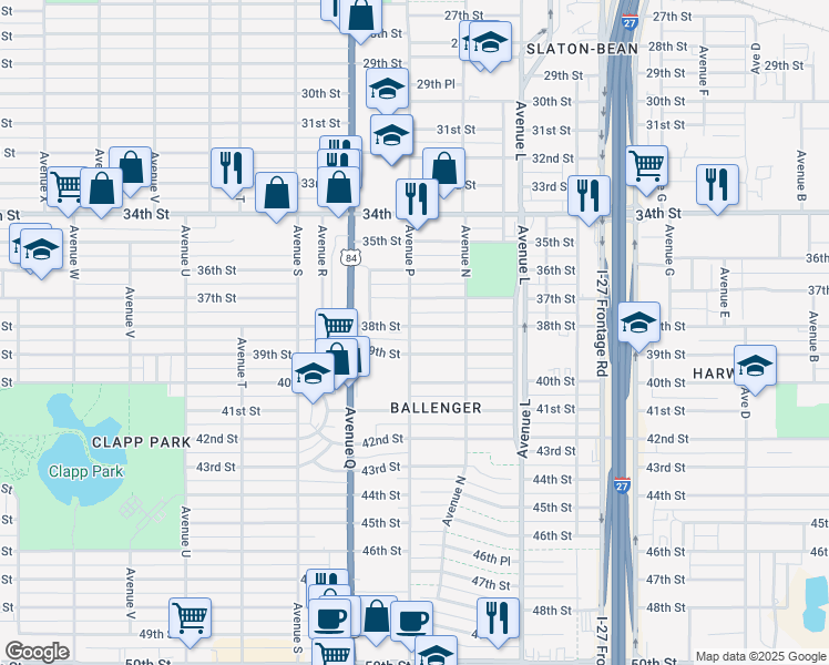 map of restaurants, bars, coffee shops, grocery stores, and more near 1519 38th Street in Lubbock