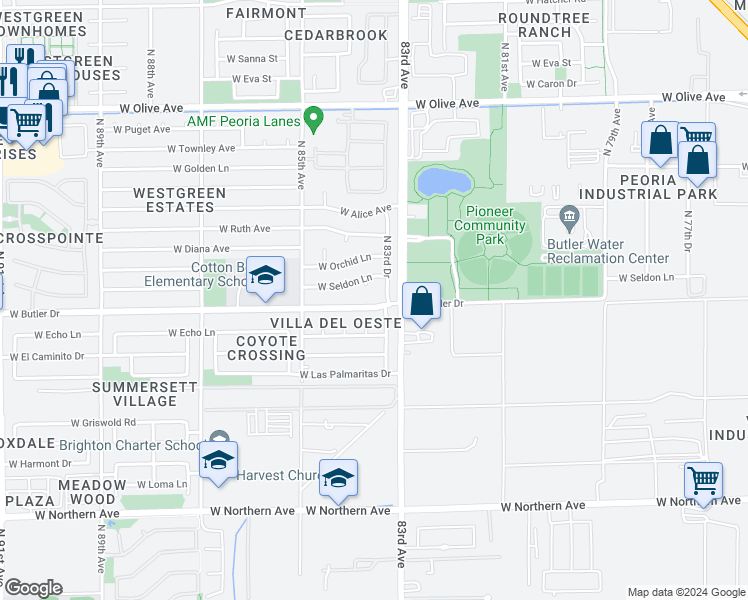 map of restaurants, bars, coffee shops, grocery stores, and more near 8318 West Butler Drive in Peoria
