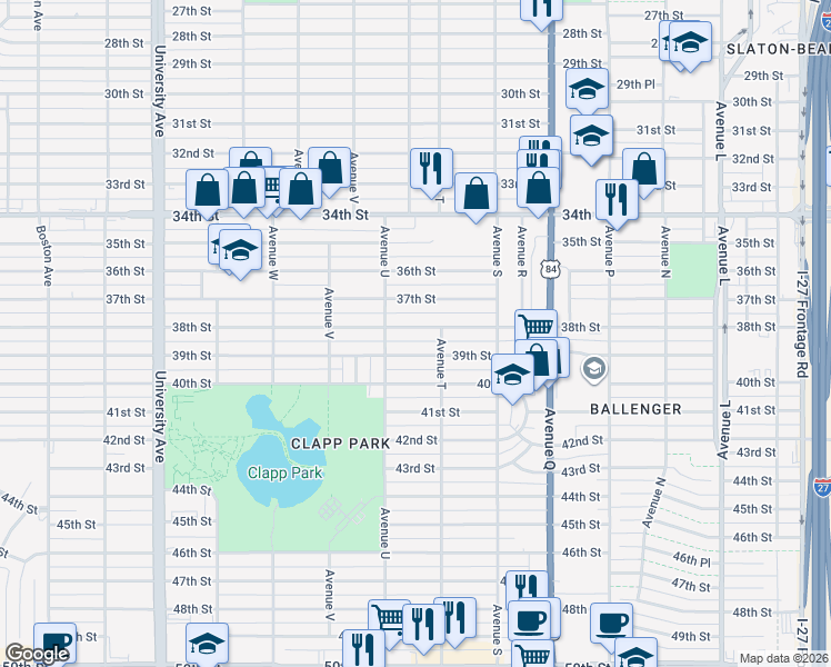 map of restaurants, bars, coffee shops, grocery stores, and more near 2009 38th Street in Lubbock