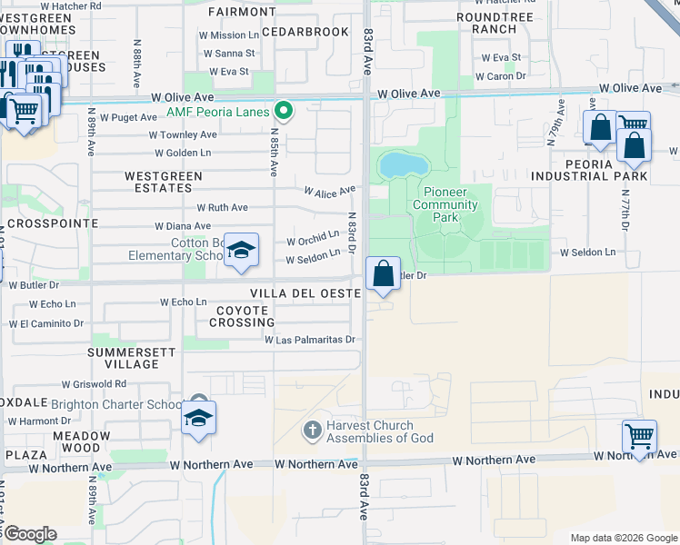 map of restaurants, bars, coffee shops, grocery stores, and more near 8318 West Butler Drive in Peoria